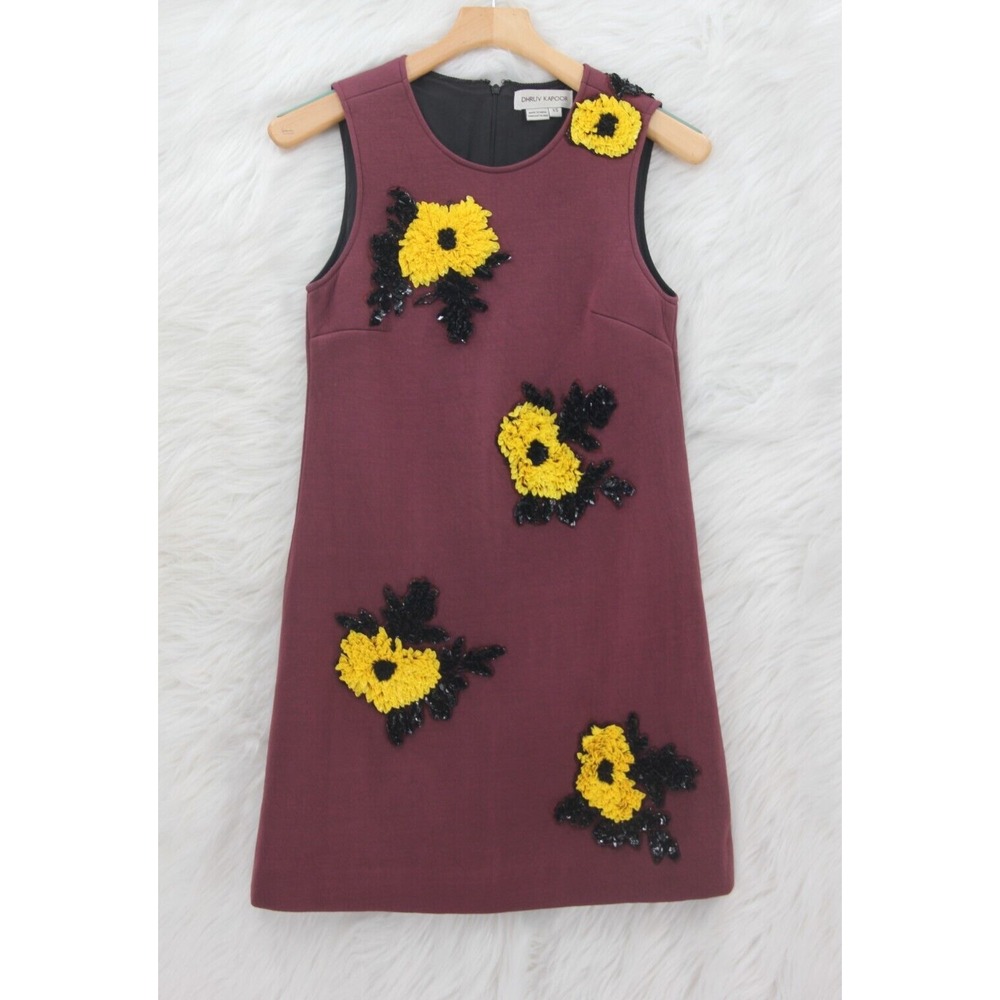 Anthropologie Plum Sleeveless Shift Dress with Yellow Floral Appliqués
